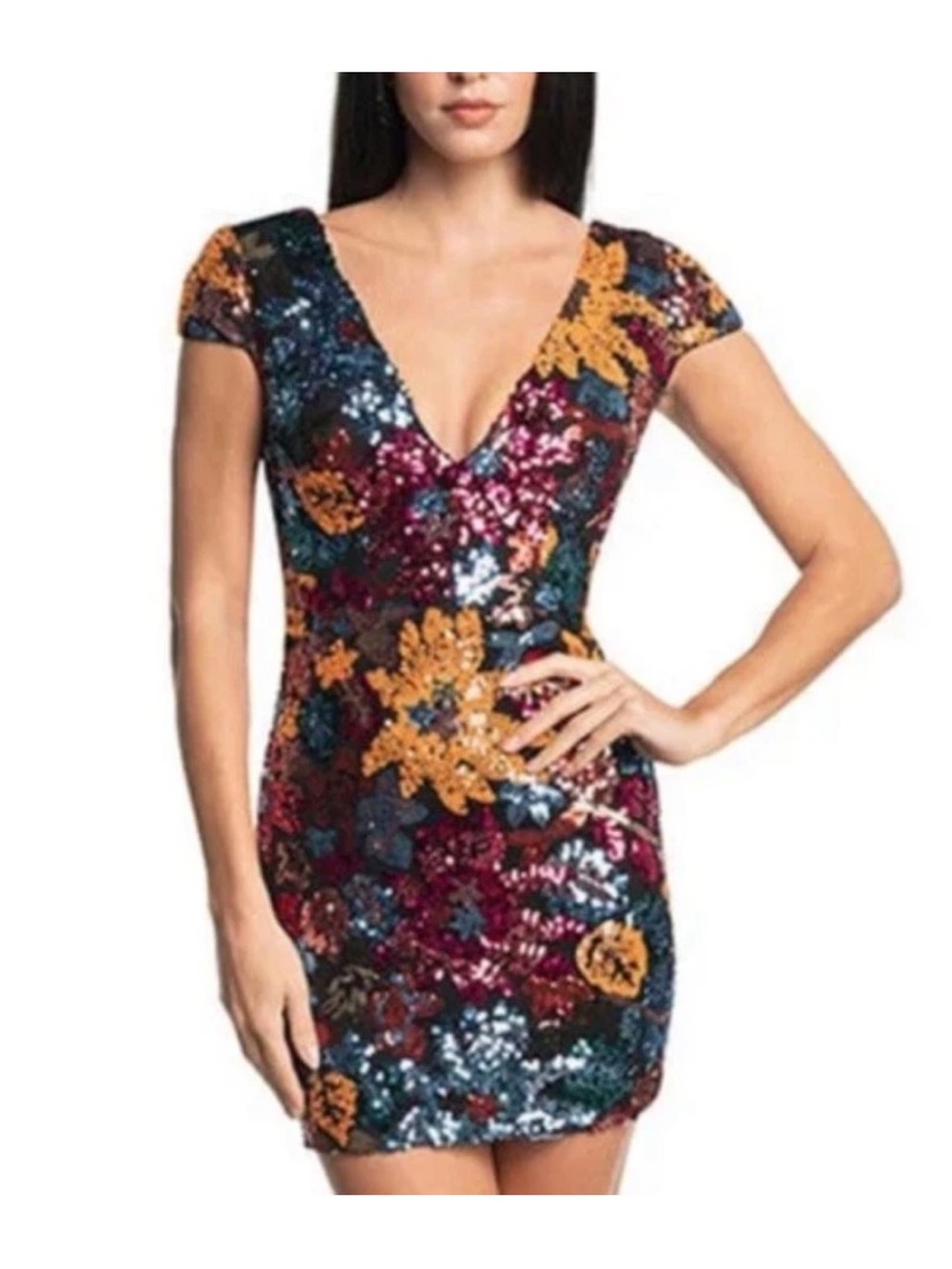 Dress the Population Zoe Sequin Floral Dress in Tangelo Multi - Size M